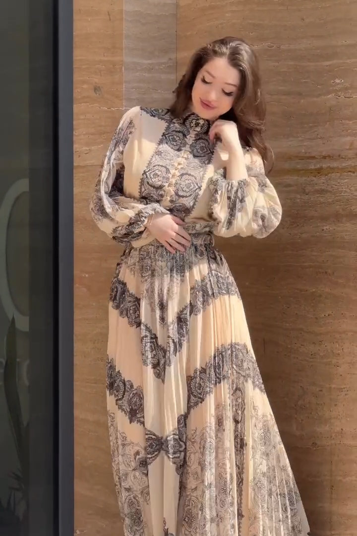 Chloe Baroque Print Pleated Maxi Dress