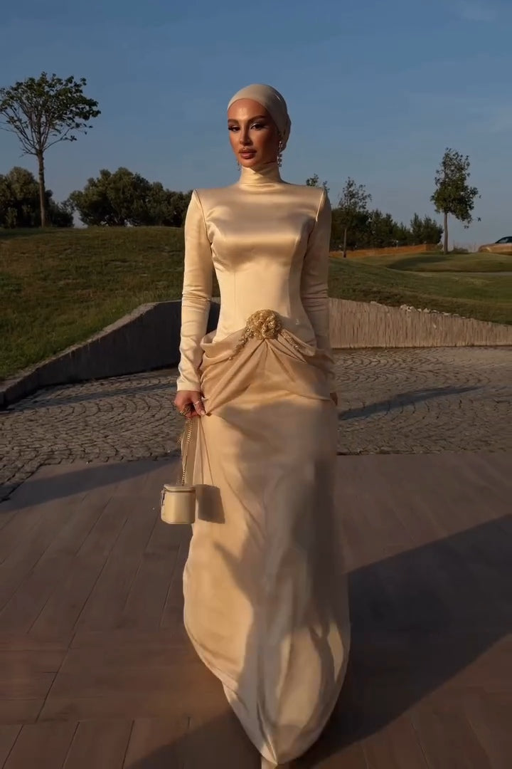 Maria Rose Applique Satin Maxi Dress