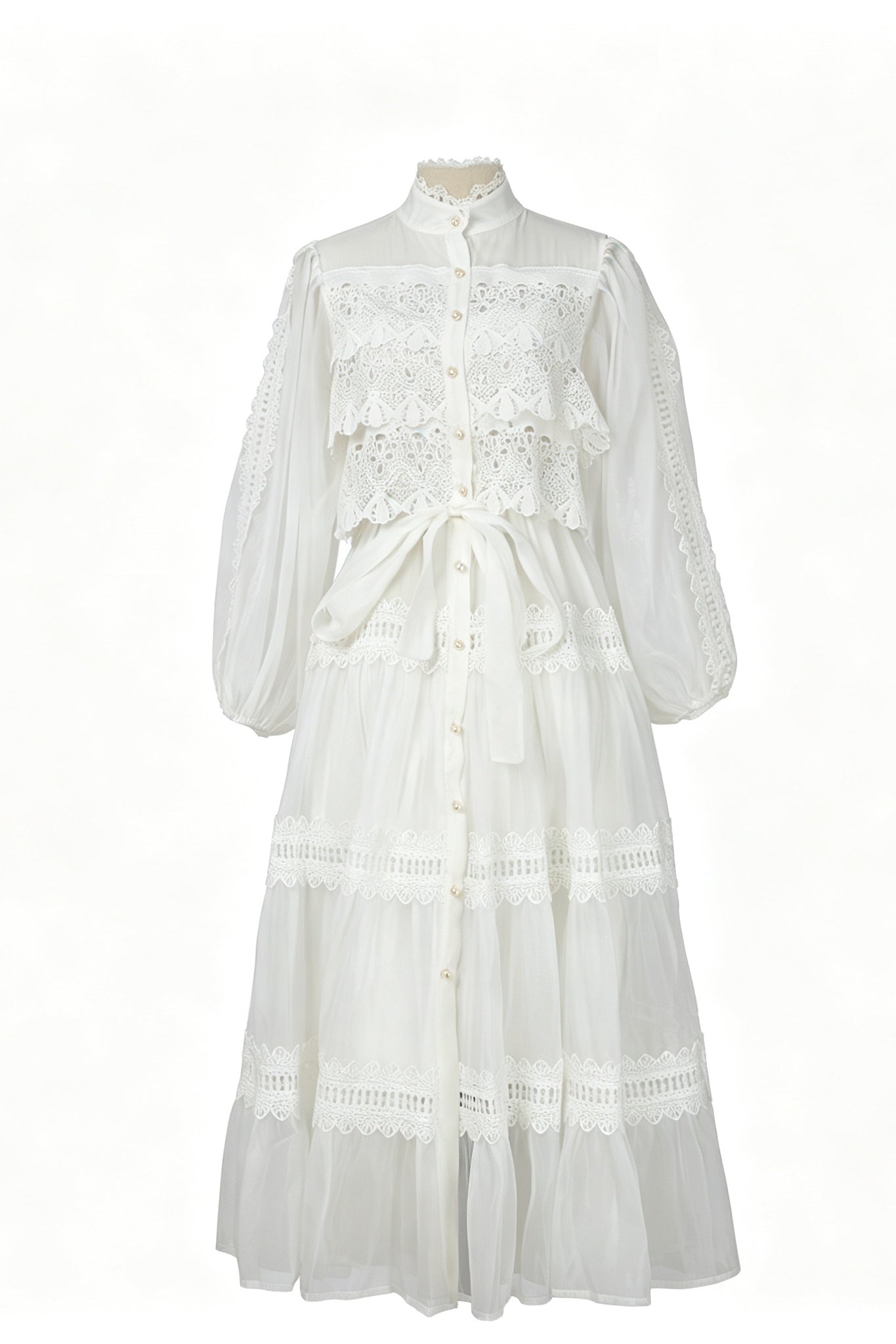 Lulu Lace Tiered Tie Waist Midi-White