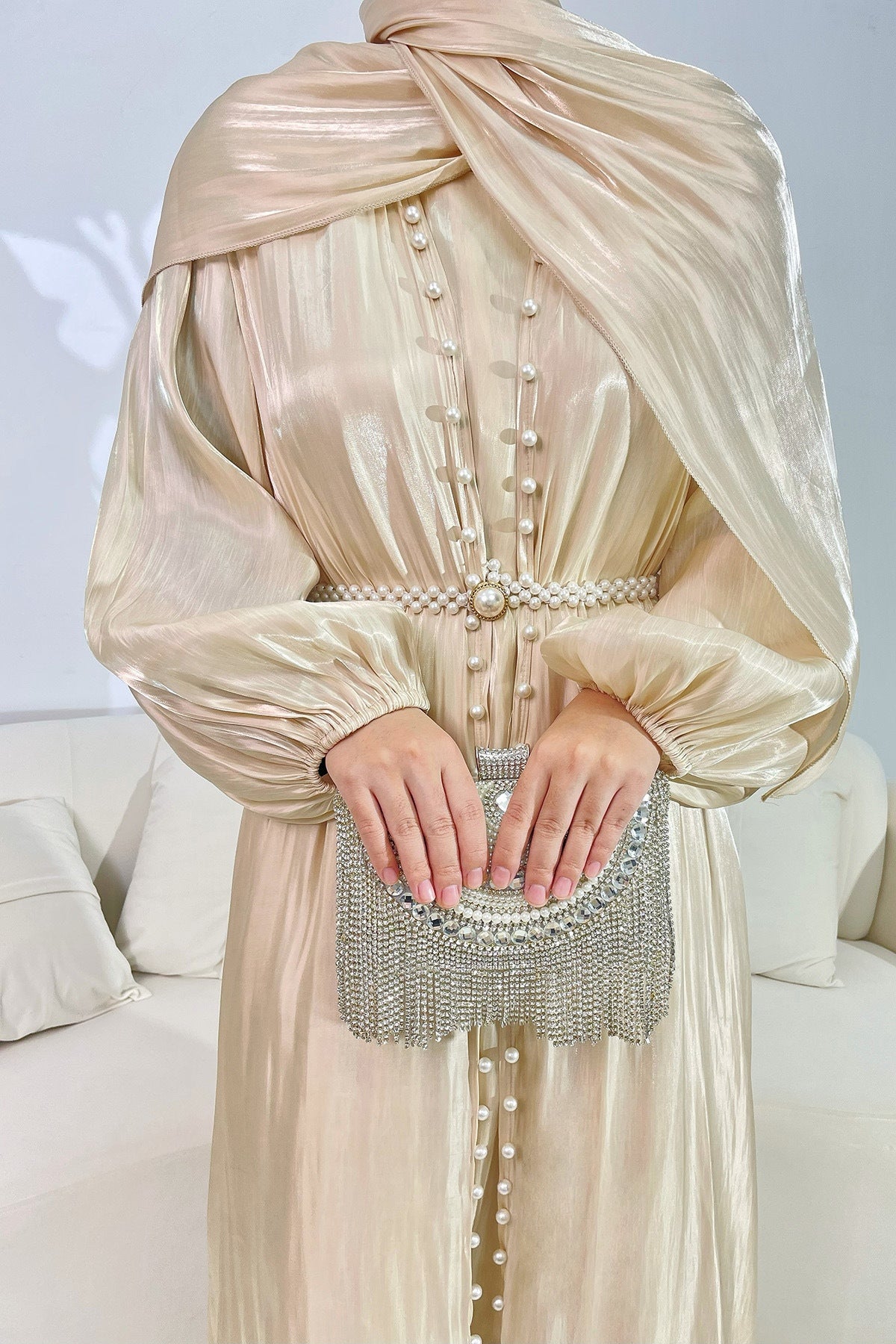 Maya Pearl Belt Shimmer Three-Piece Co-ord-Apricot