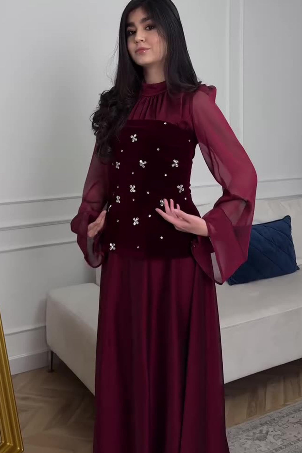 Ranya Beaded Velvet Flare Sleeve Maxi Dress