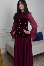 Ranya Beaded Velvet Flare Sleeve Maxi Dress
