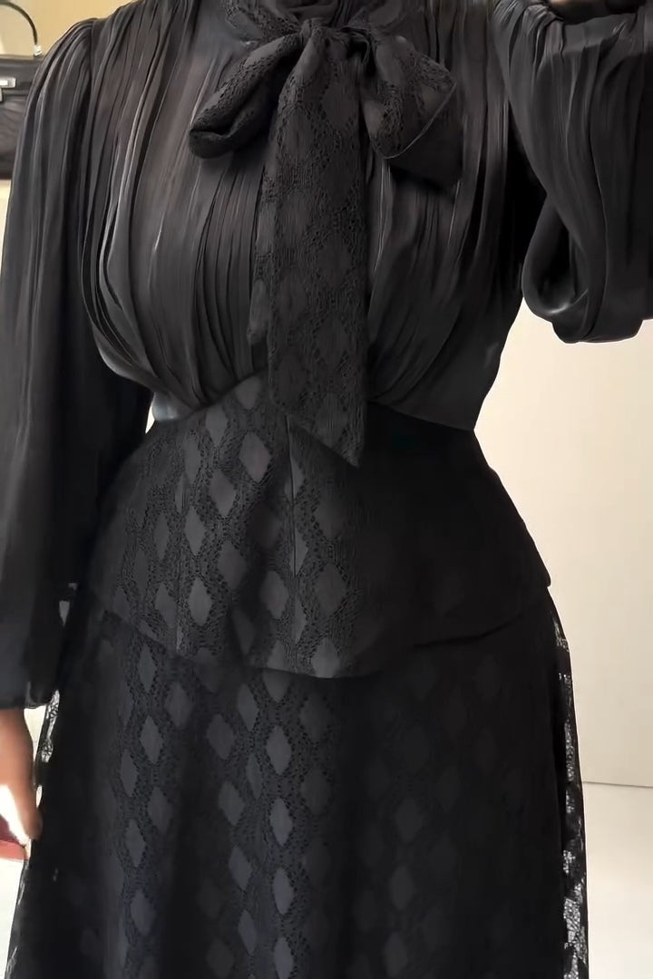 Amara Neck Tie Balloon Sleeve Lace Two Piece Set