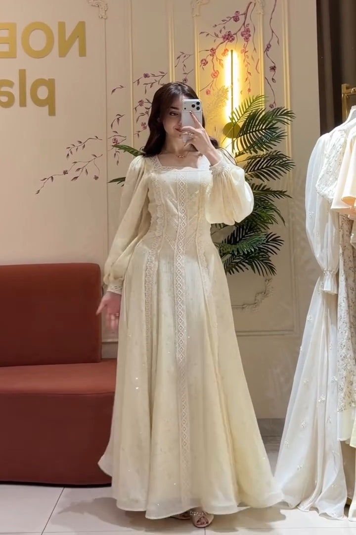 Sylvia Lace Panel Puff Sleeve Maxi-Apricot
