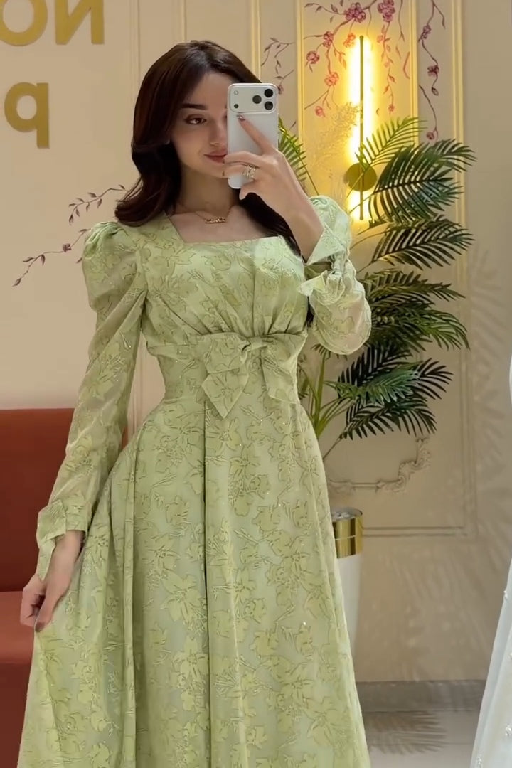 Elara Bow Floral Puff Sleeve Midi-Green