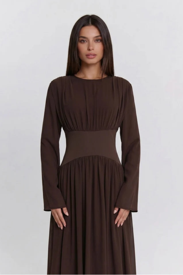 Iris Gathered Waist Flare Sleeve Maxi Dress-Coffee