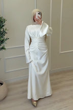 Center Ruched Satin Bell Sleeve Maxi Dress