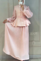 Elena Peplum Pleated Skirt Two Piece Set-Pink