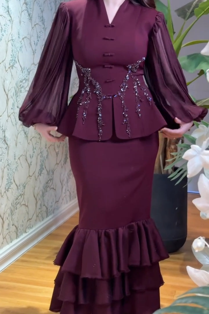 Hana Frog Button Lace Peplum Skirt Set-Wine