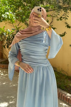 Rahma Side Ruched Flare Sleeve Maxi Dress-Blue