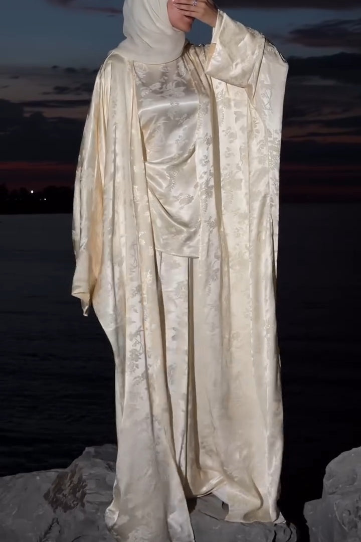 Zahra Floral Jacquard Open Abaya Set-Apricot