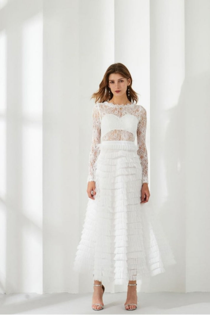 Jayleen Hollow Lace A-line Maxi Dress-White