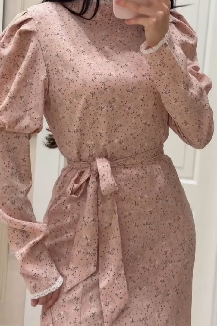 Lina Floral Puff Sleeve Belted Midi Dress
