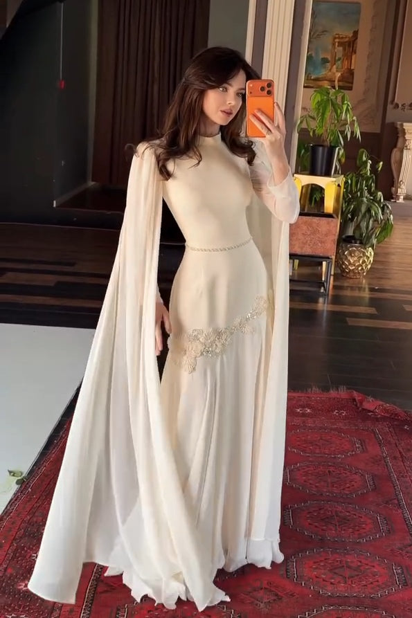 Embellished Hip High-Neck Cape Sleeve Maxi Dress