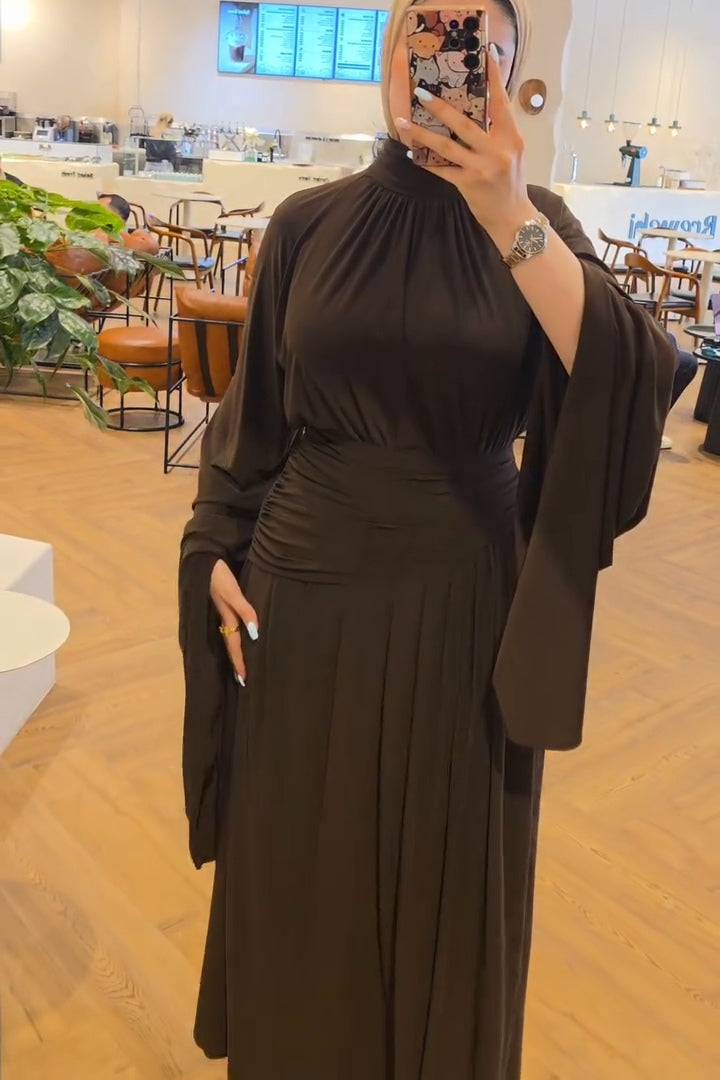 Selma Ruched High‑Neck Flare‑Sleeve Abaya