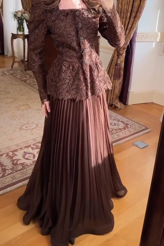Lace Peplum Jacket and Pleated Maxi Skirt Two-Piece Set-Brown
