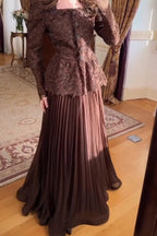 Lace Peplum Jacket and Pleated Maxi Skirt Two-Piece Set-Brown