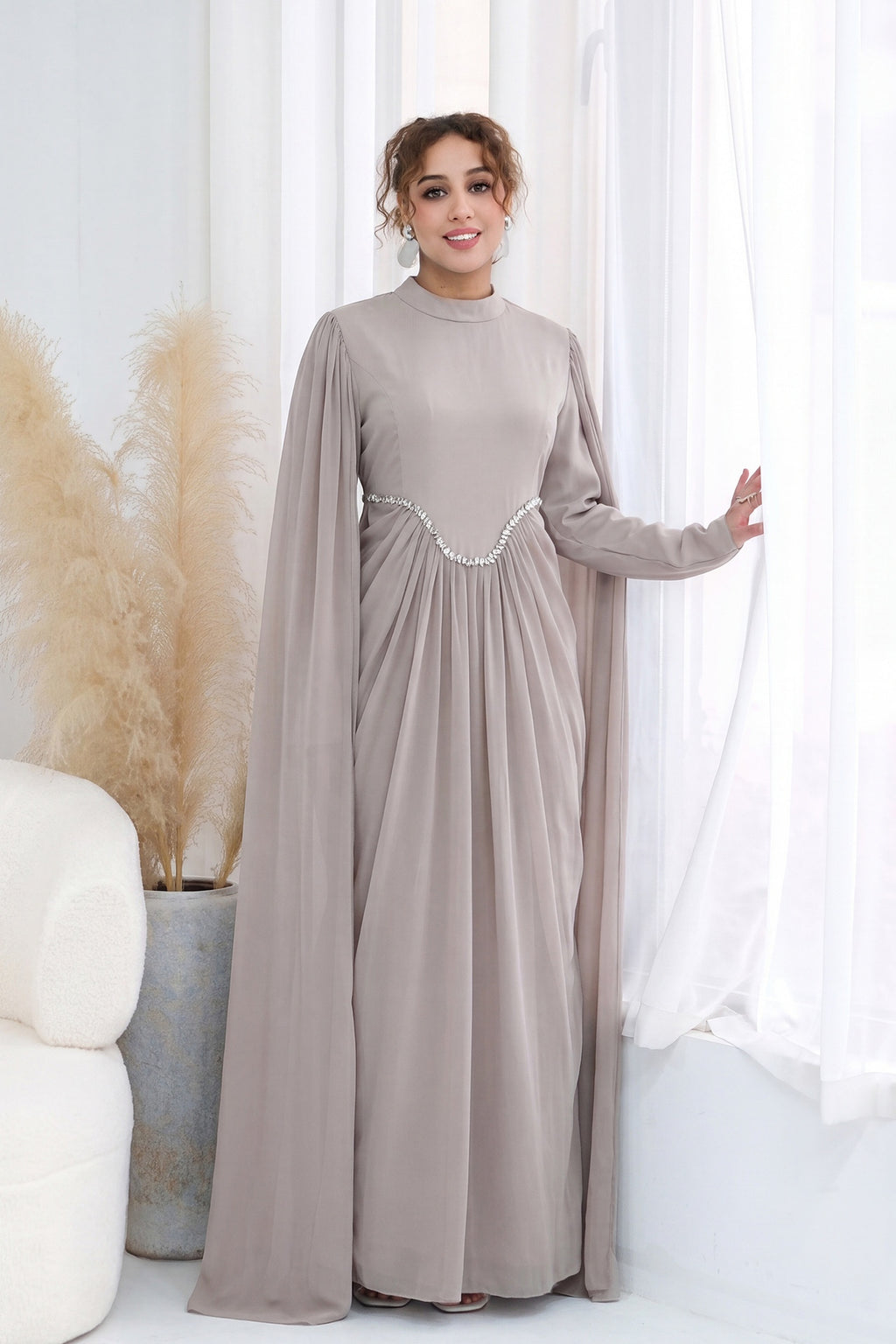 Lina Crystal Waist Cape Sleeve Maxi Dress-Grey