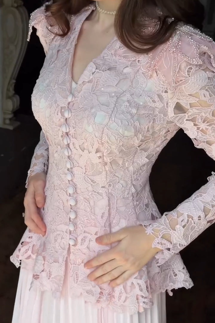 Romantic Chantilly Lace Peplum Set-Pink