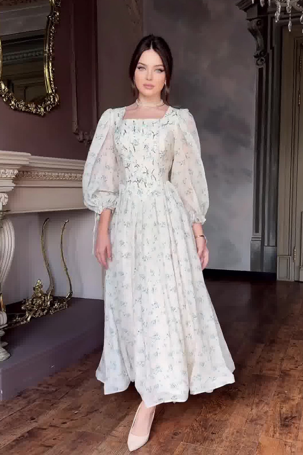 Sophia Square Neck Puff Sleeve Floral Maxi Dress-Blue