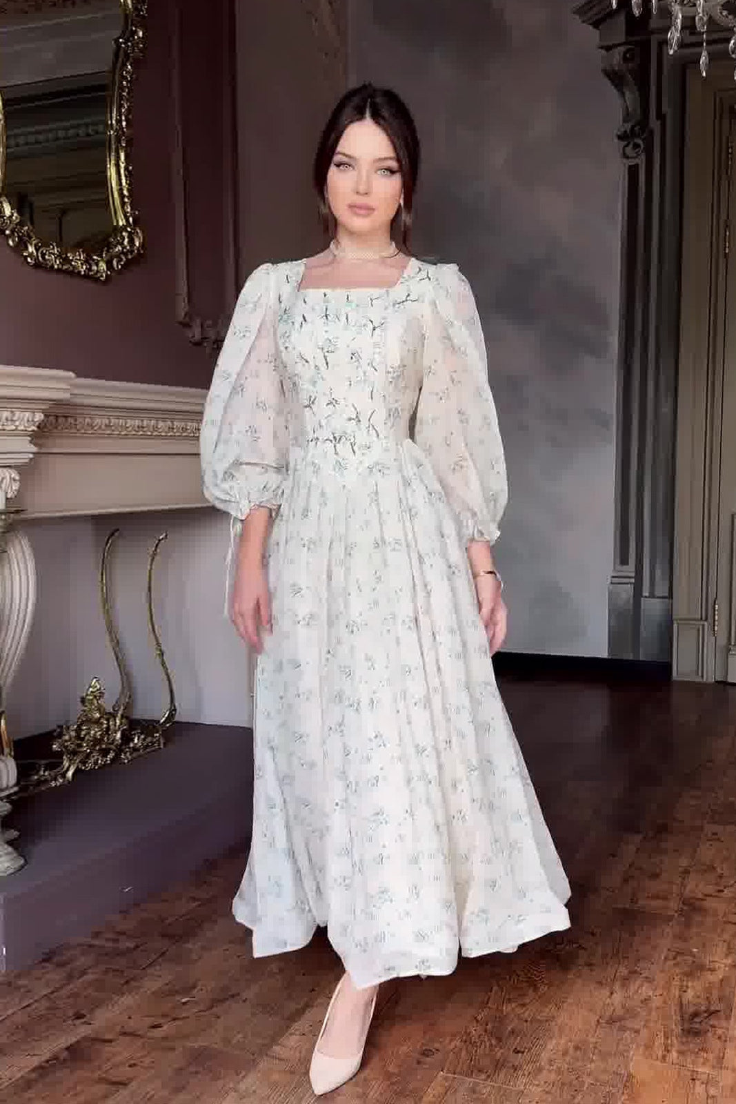 Sophia Square Neck Puff Sleeve Floral Maxi Dress-Blue