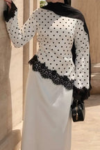 Zahra Polka Dot Lace Trim Satin Blouse-White