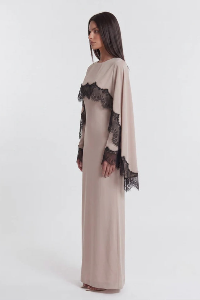 Lace-Trimmed Cape Overlay Modest Maxi Dress-Grey