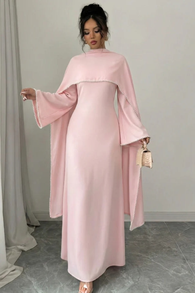 Pearl-Trimmed Cape Modest Evening Gown-Pink