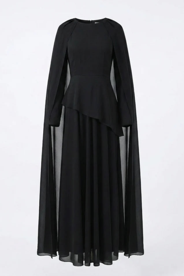 Sofia Peplum Cape Maxi Dress-Black