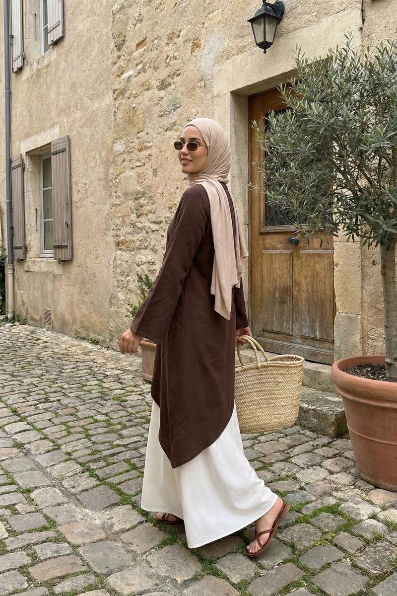 Zoe Asymmetrical Flare Sleeve Tunic Top-Coffee