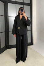Elsa Floral Buckle Wrap Pant Suit-Black