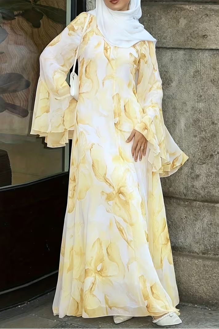 Yara Watercolor Ruffle Flare Maxi Dress-Yellow