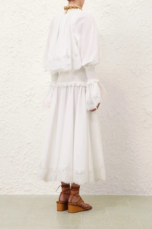 Kiara Embroidery Smocked Waist Maxi Dress