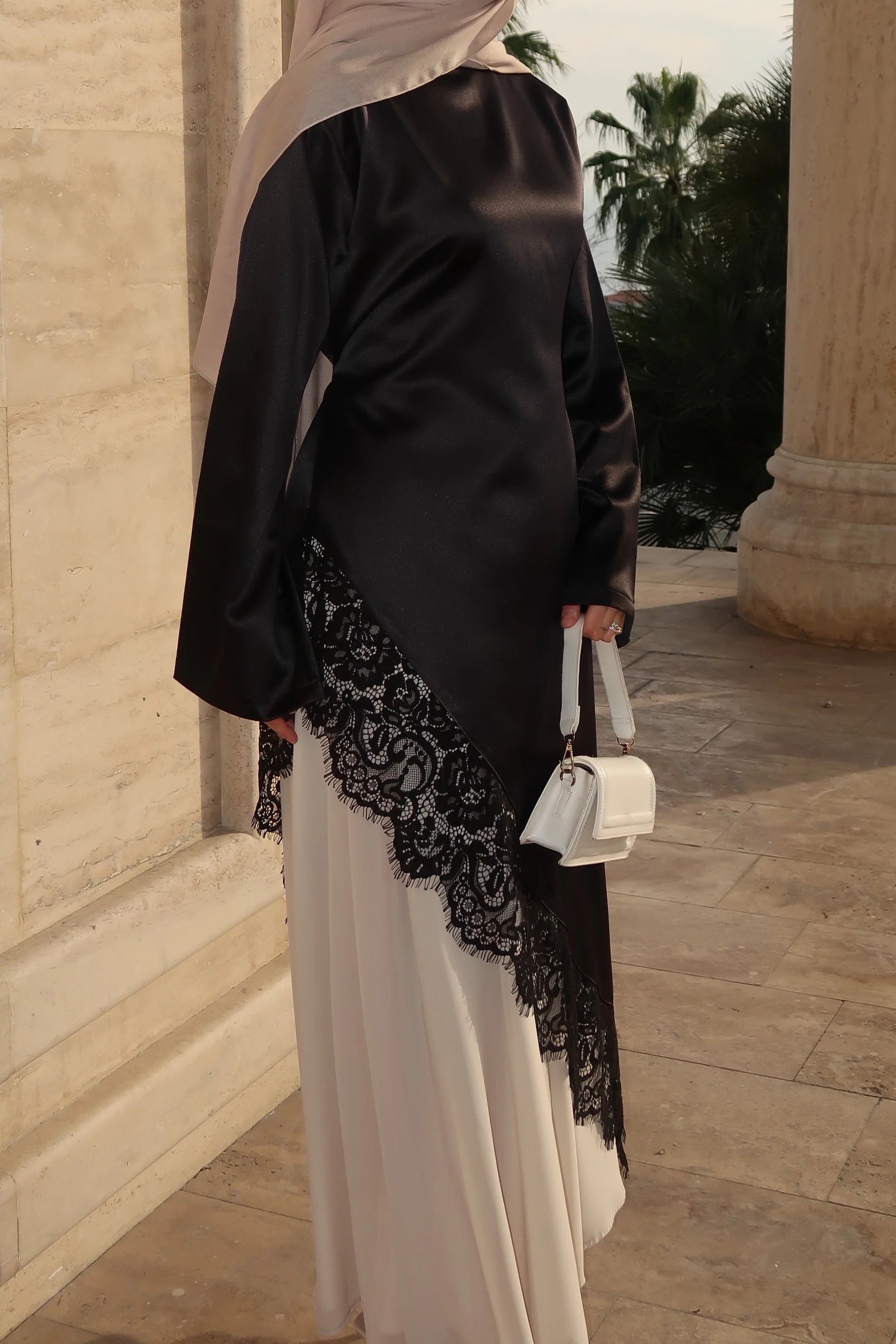 Lace-Trimmed Asymmetric Satin Modest Tunic-Black