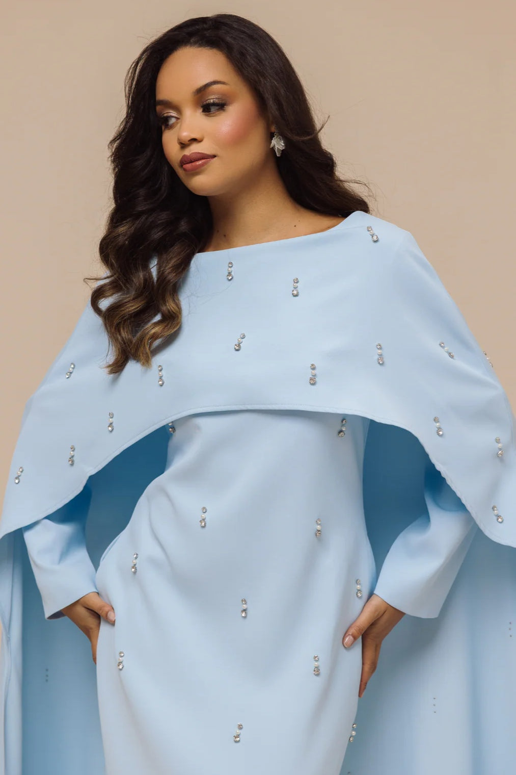Embellished Cape-Sleeve Modest Two-Piece Gown-Blue
