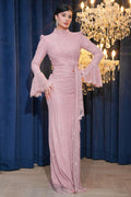 Ethereal High-End Long Sleeve Pastel Evening Maxi Dress-Pink