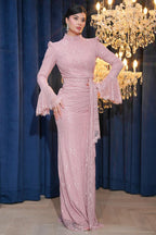 Ethereal High-End Long Sleeve Pastel Evening Maxi Dress-Pink