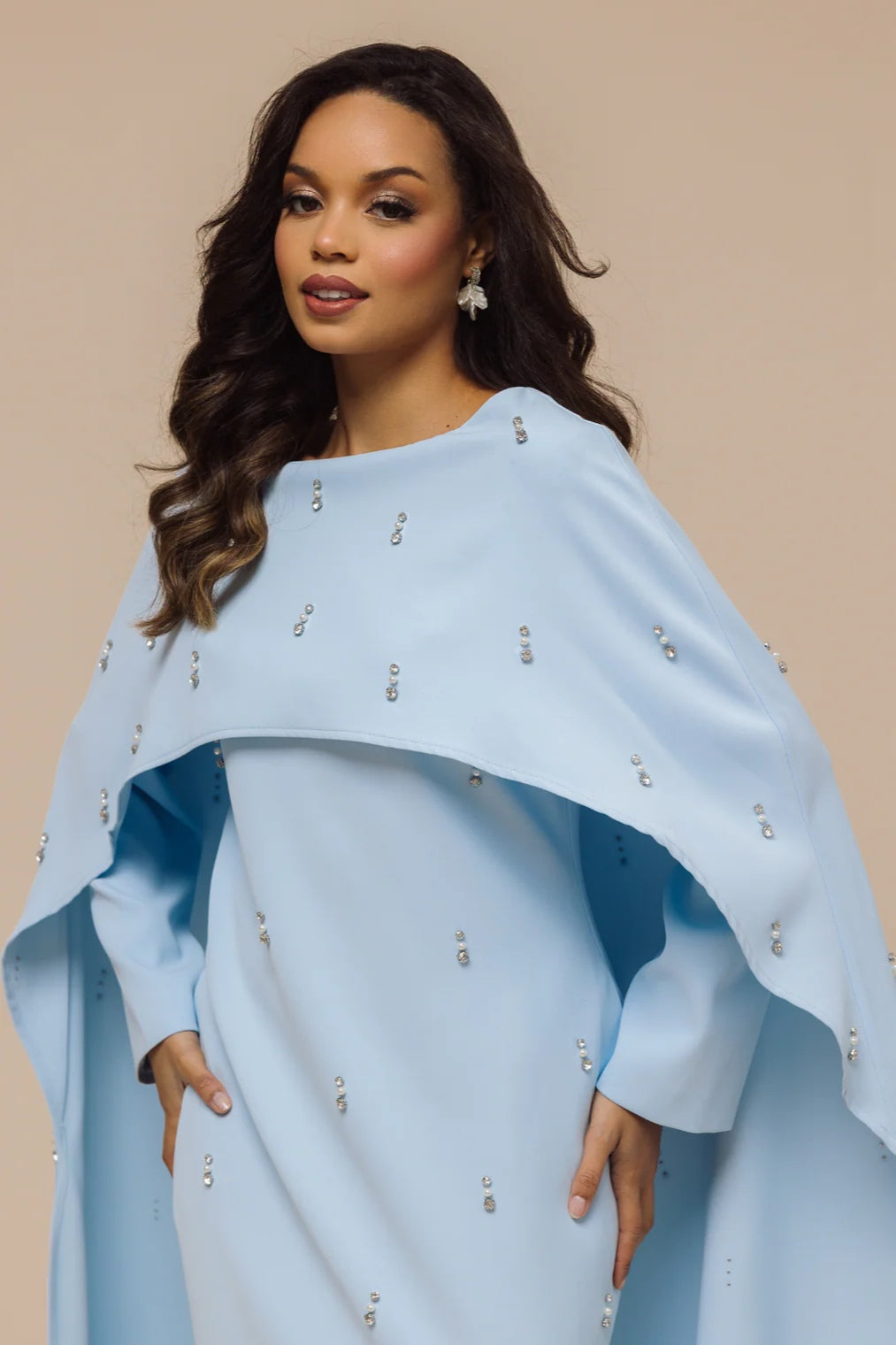Embellished Cape-Sleeve Modest Two-Piece Gown-Blue