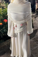 Aria Tulip Embroidered Ruched Shawl Maxi Dress-White