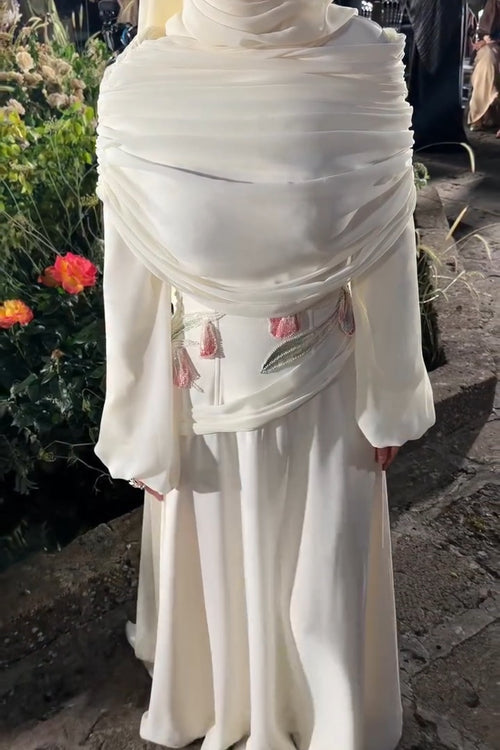 Aria Tulip Embroidered Ruched Shawl Maxi Dress-White