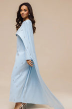 Embellished Cape-Sleeve Modest Two-Piece Gown-Blue