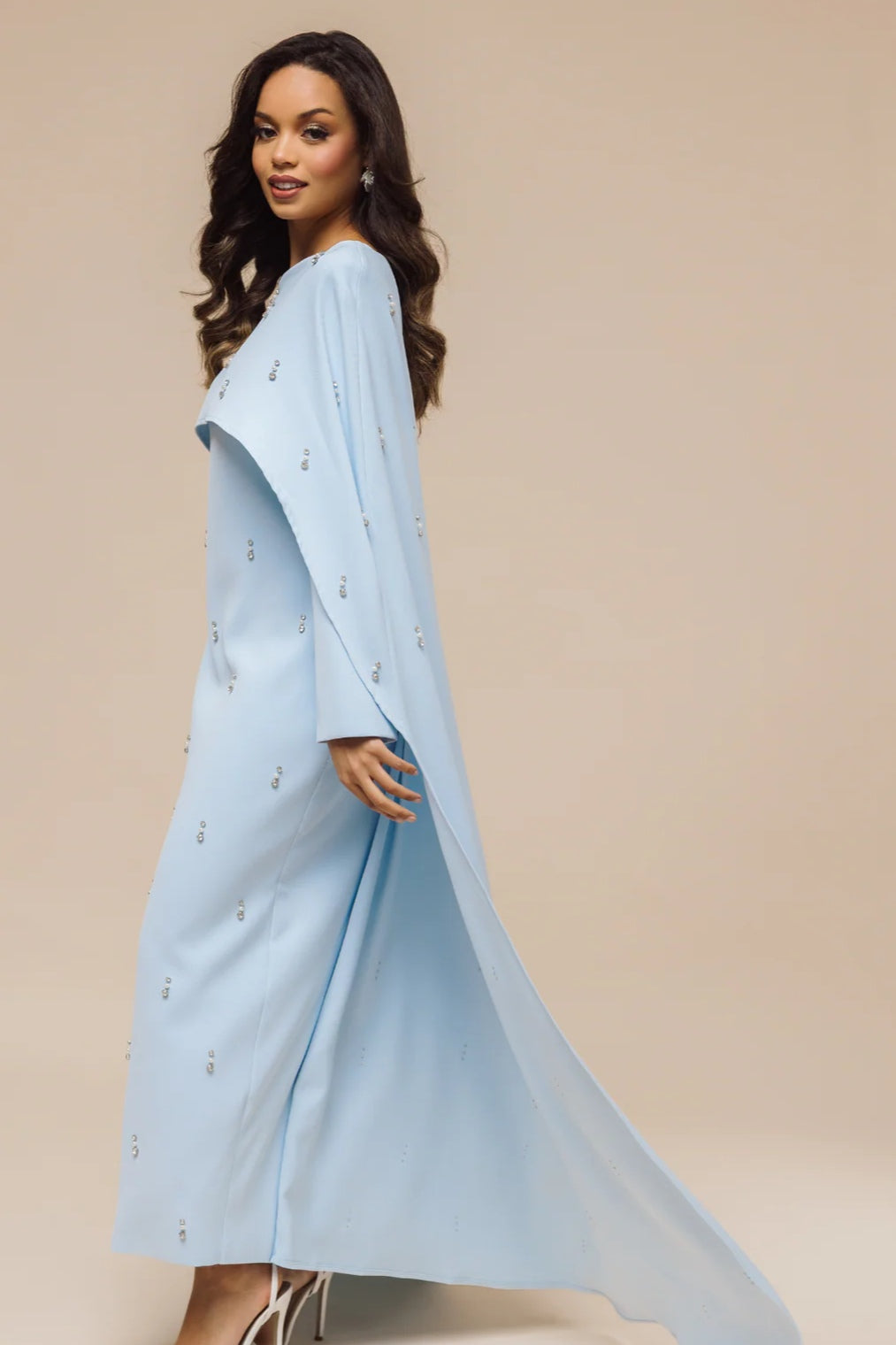 Embellished Cape-Sleeve Modest Two-Piece Gown-Blue