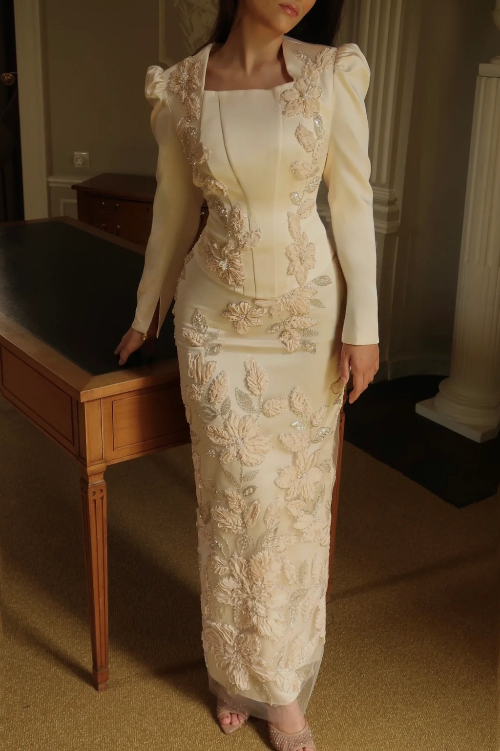Liora Crystal Floral Evening Matching Set-White