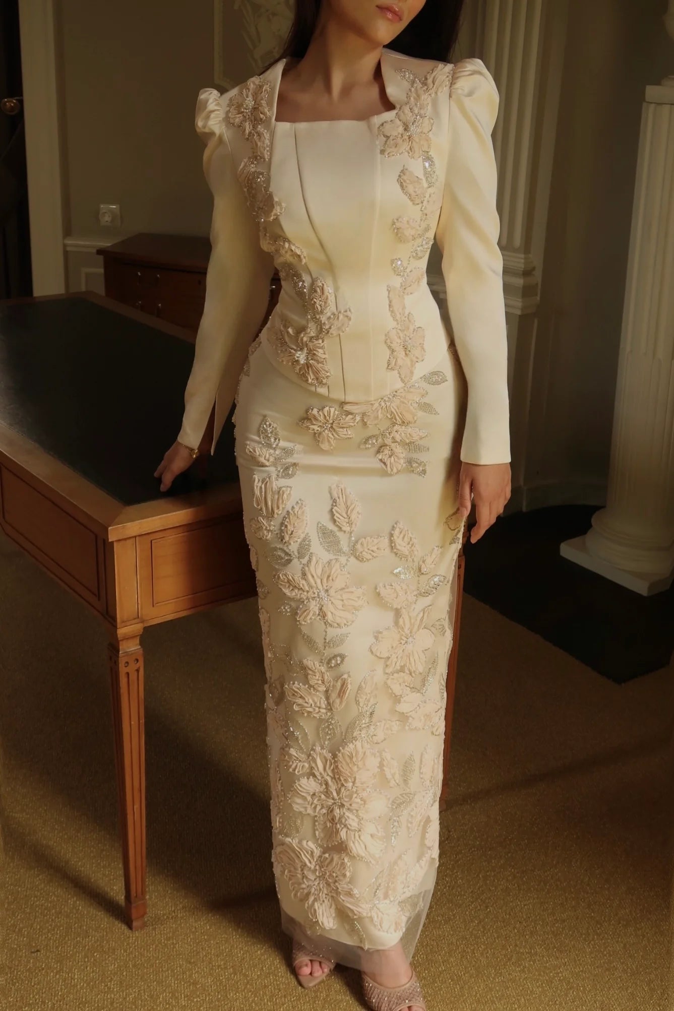 Liora Crystal Floral Evening Matching Set-White