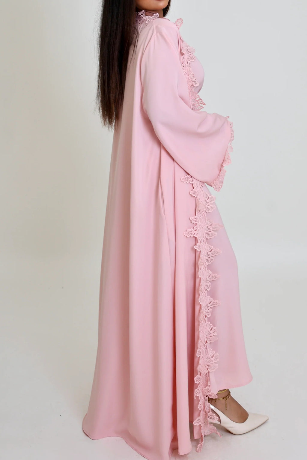 Sahara Floral Lace Trim Two Piece Abaya Set-Pink