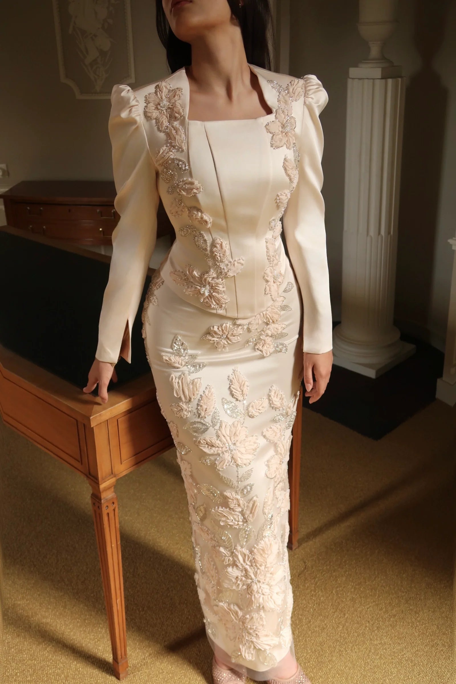 Liora Crystal Floral Evening Matching Set-White