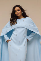 Embellished Cape-Sleeve Modest Two-Piece Gown-Blue