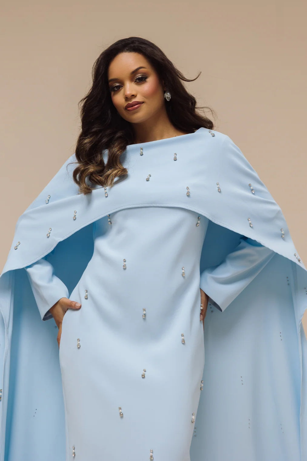 Embellished Cape-Sleeve Modest Two-Piece Gown-Blue