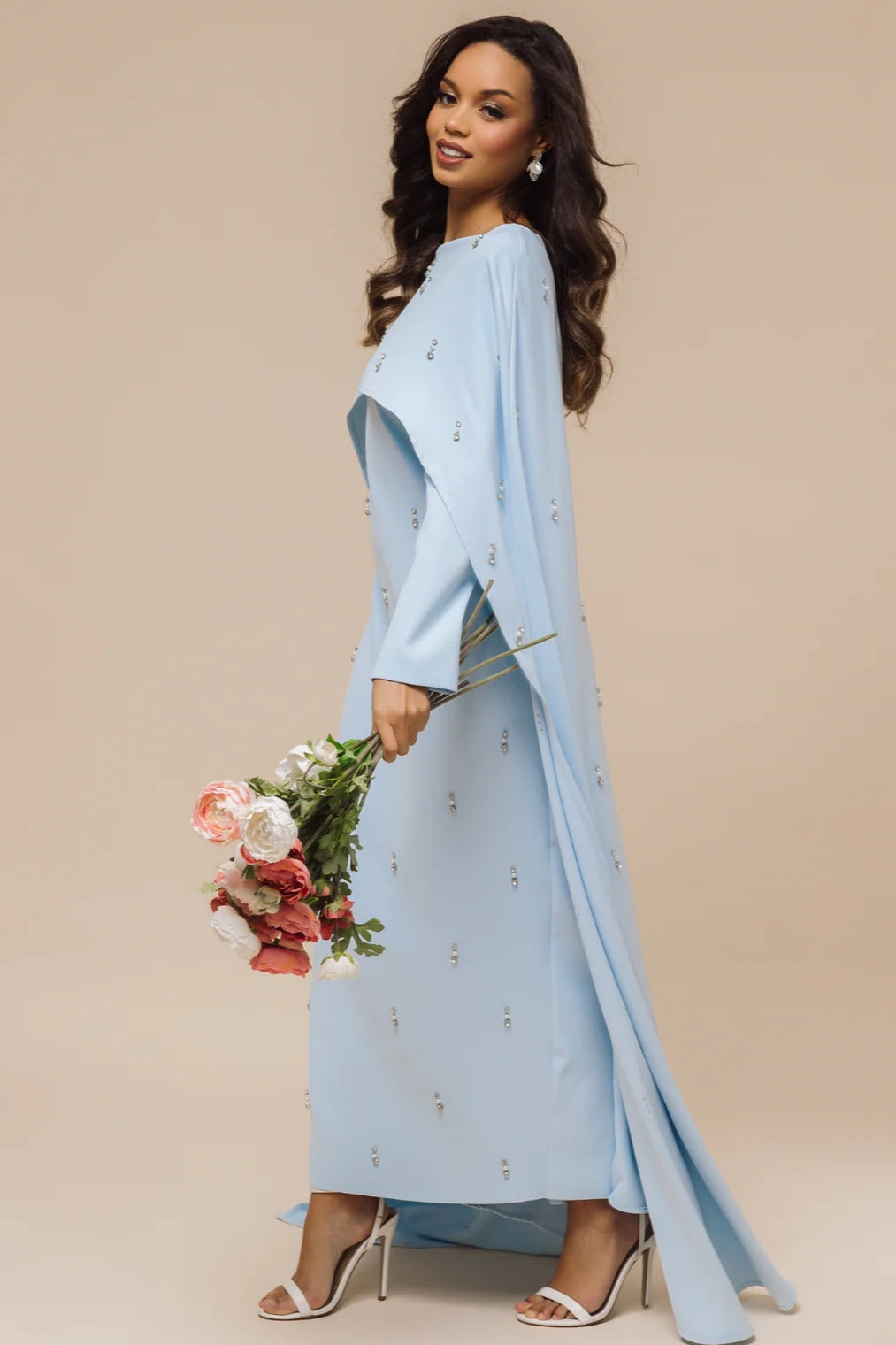 Embellished Cape-Sleeve Modest Two-Piece Gown-Blue