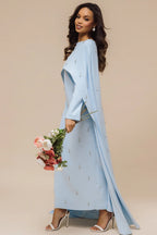 Embellished Cape-Sleeve Modest Two-Piece Gown-Blue